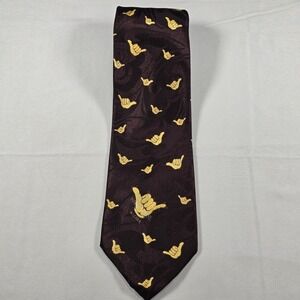 Tie Mens Tropical Hawaii Hang Loose Shaka Aloha Burgundy Yellow Handmade